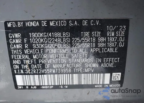 2024 Honda Hr-V Awd Sport/Awd Sport W/O Bsi z USA, uszkodzony, nr VIN 3CZRZ2H55RM739958